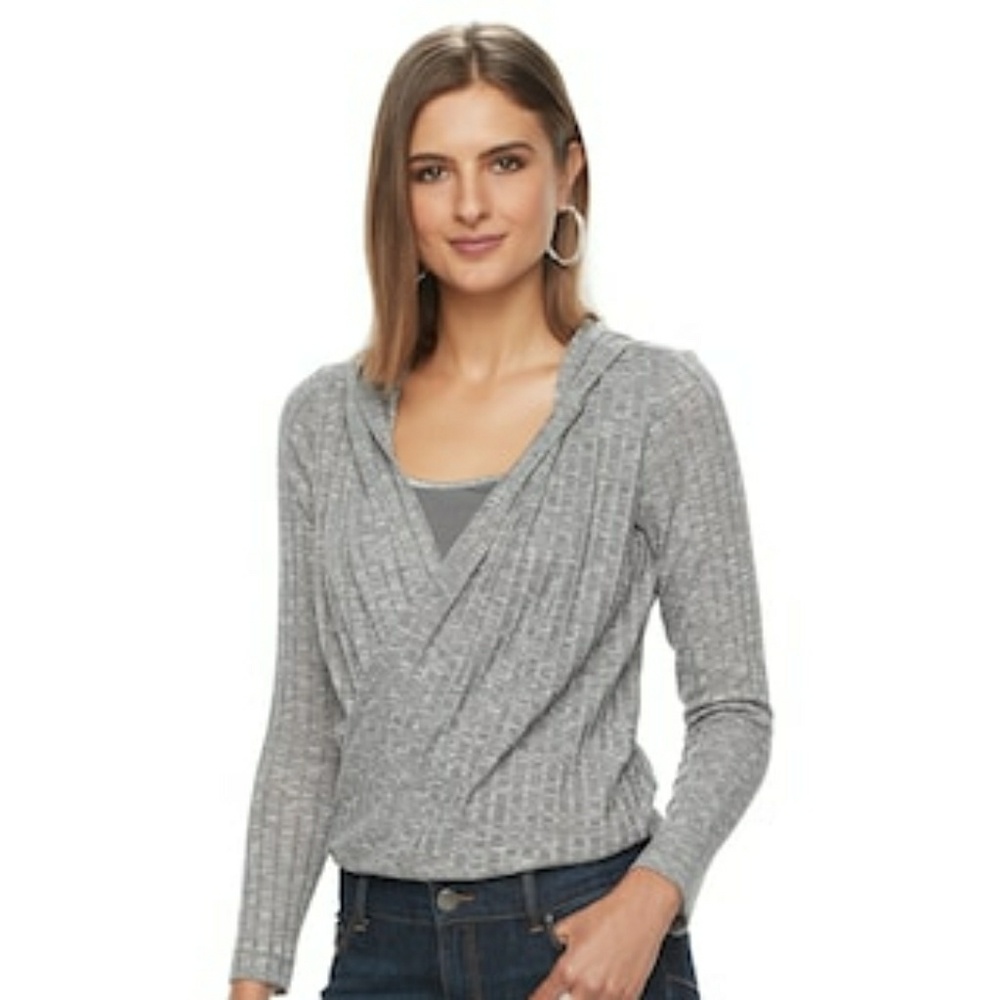 Juicy Couture gray faux wrap top hooded textured
